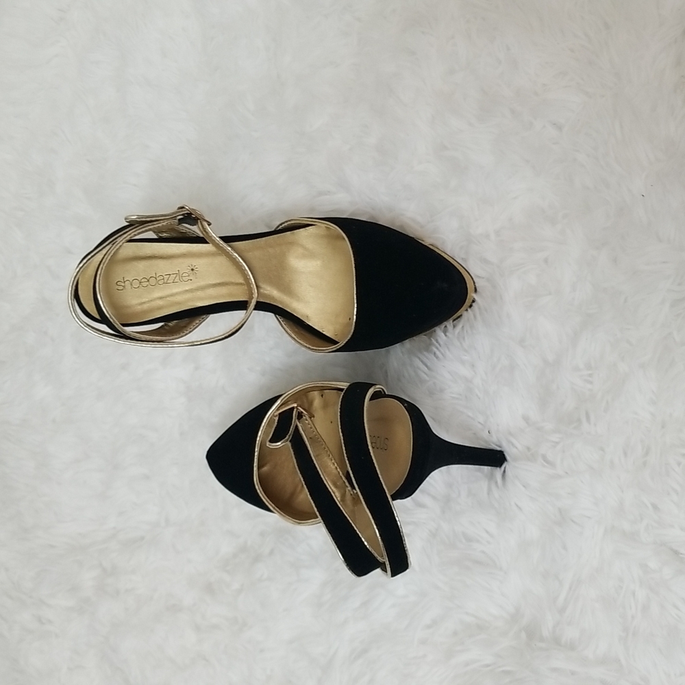 New Shoedazzle Black Suede and  Gold Platform Heels size 8 - Picture 3 of 7